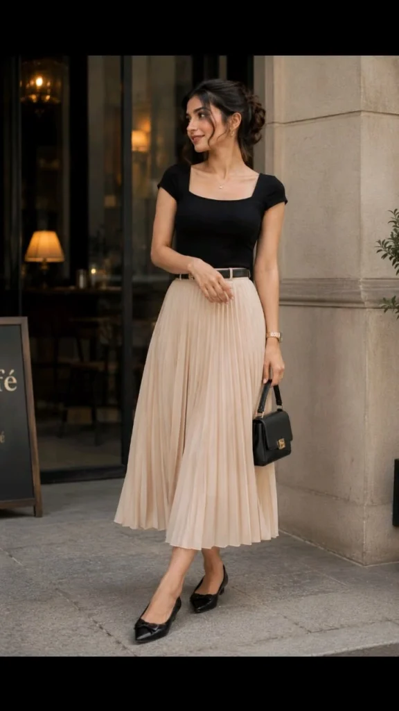 Black Top & Pleated Midi Skirt
