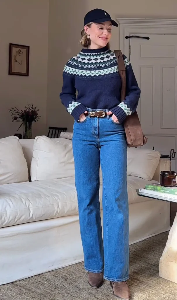 Fair Isle Sweater and Wide-Leg Jeans