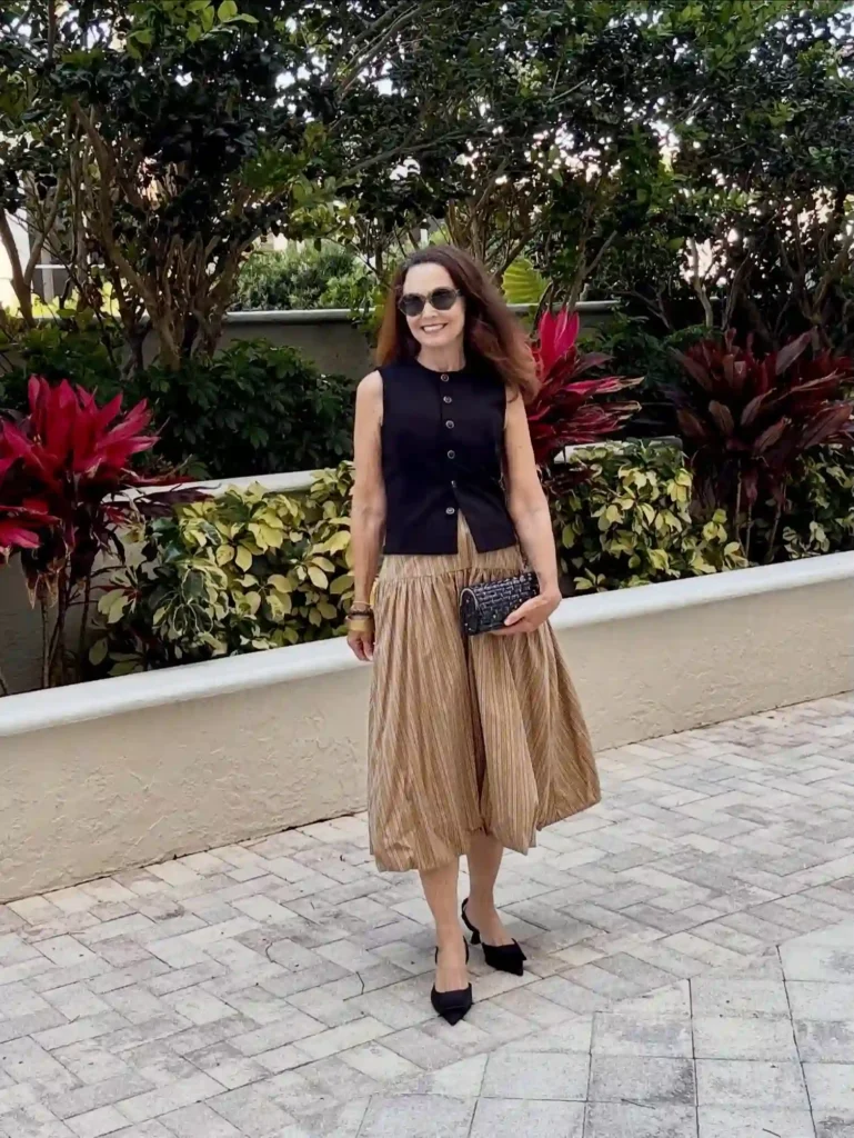 Striped Midi Skirt and Black Vest