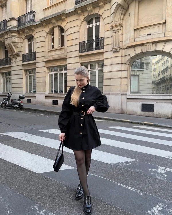 Black Puff-Sleeve Shirt Dress