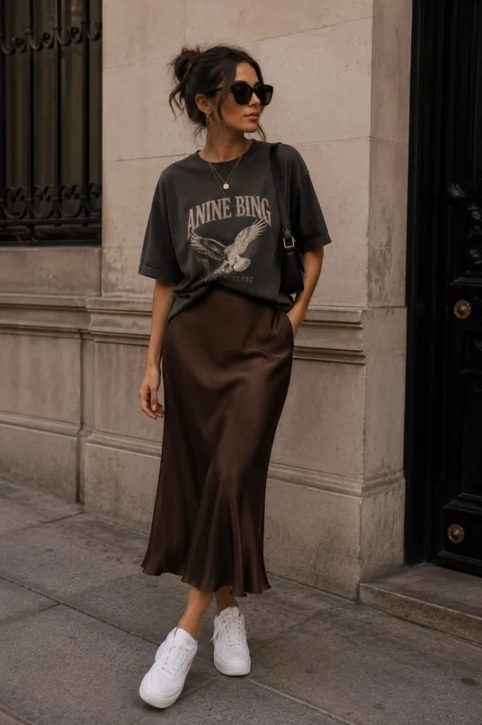 Graphic Tee And Satin Skirt