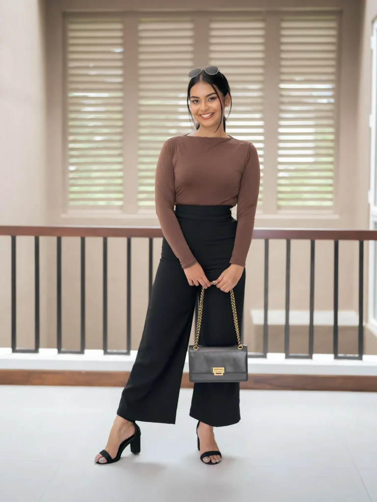 Brown Top and Black Wide-Leg Pants