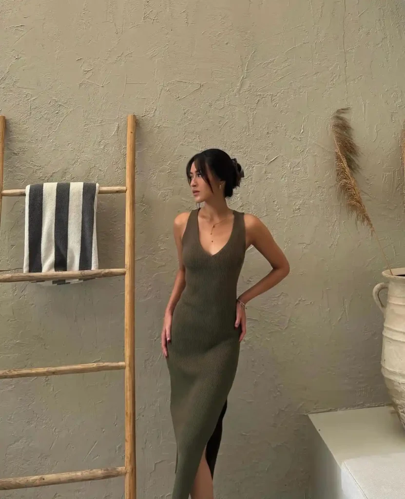 Olive Green Ribbed Midi Dress