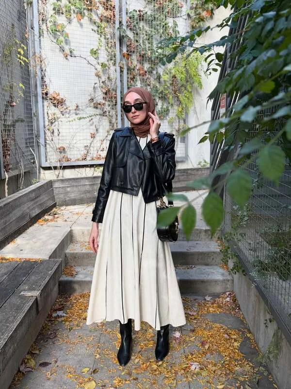 Striped Midi Dress and Leather Jacket