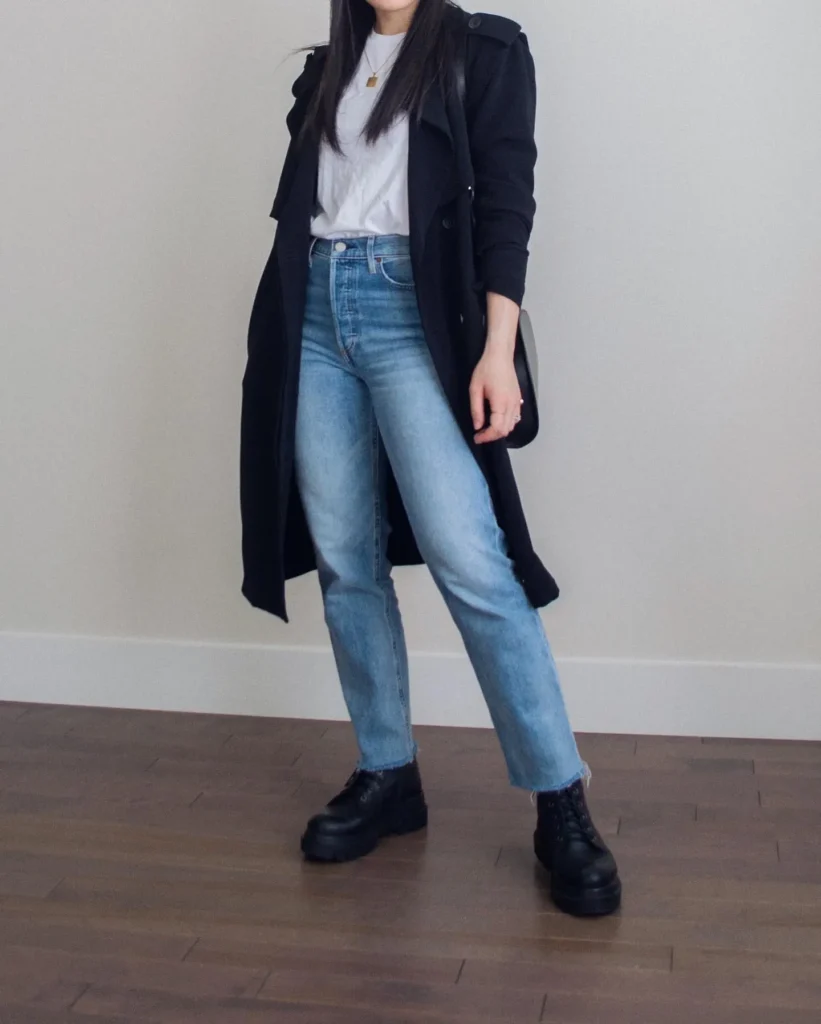 Long Black Trench With Straight Jeans