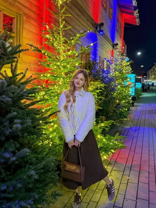Cream Puffer Jacket & Midi Skirt