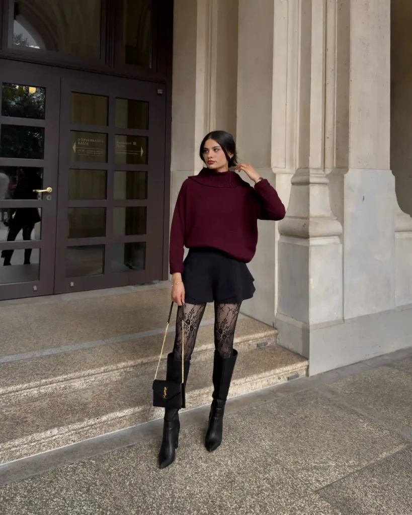 Burgundy Sweater and Lace Tights