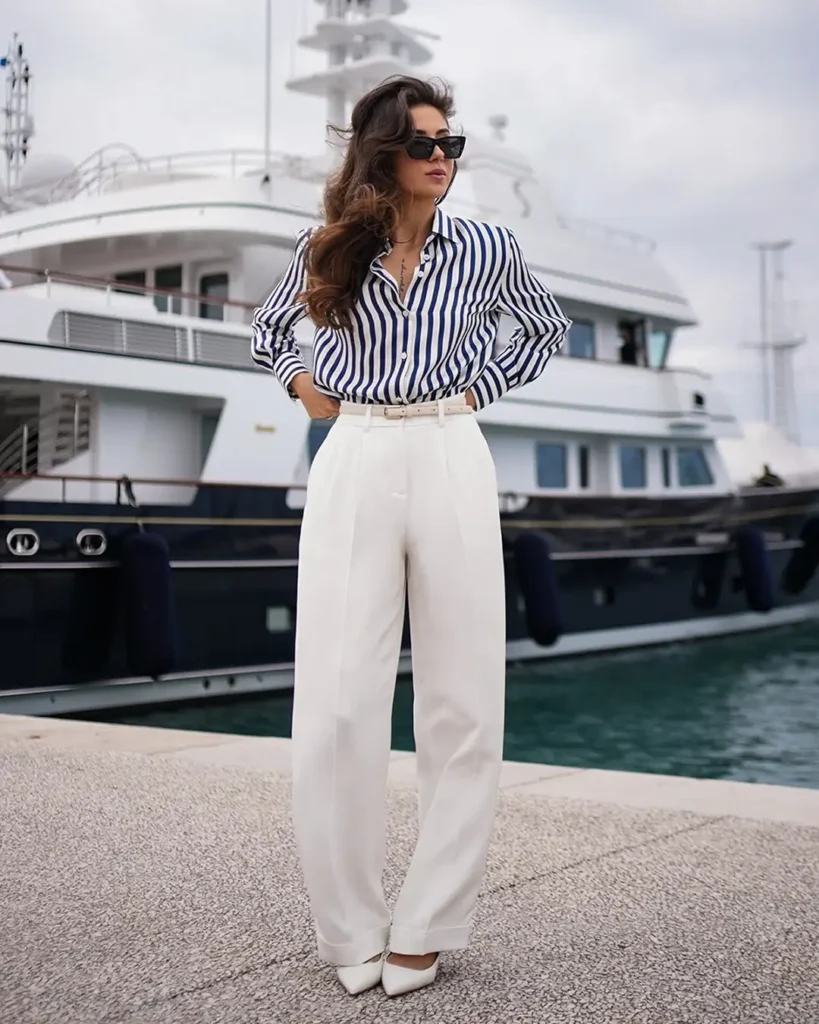 Striped Shirt, White Trousers