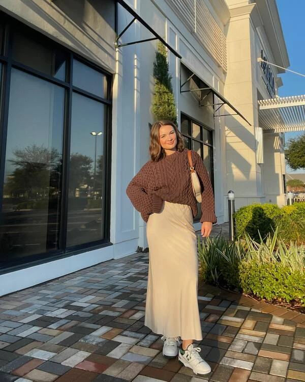 Cable-Knit Sweater and Satin Skirt