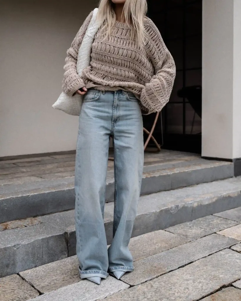 Chunky Knit Sweater & Wide-Leg Jeans