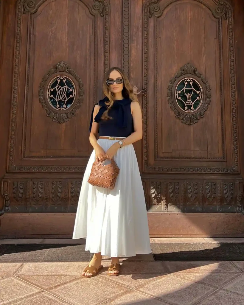 Navy Bow Top and White Maxi Skirt