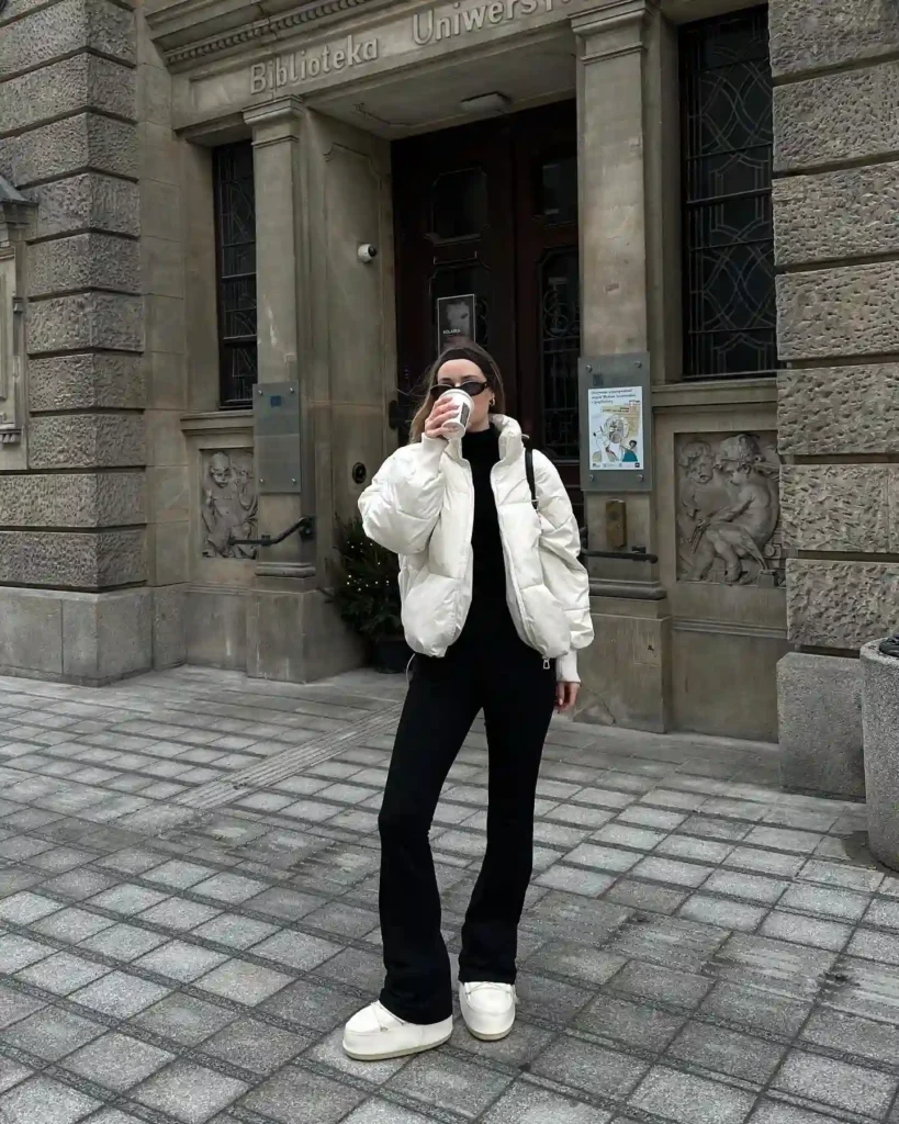 Cream Puffer And Flared Pants