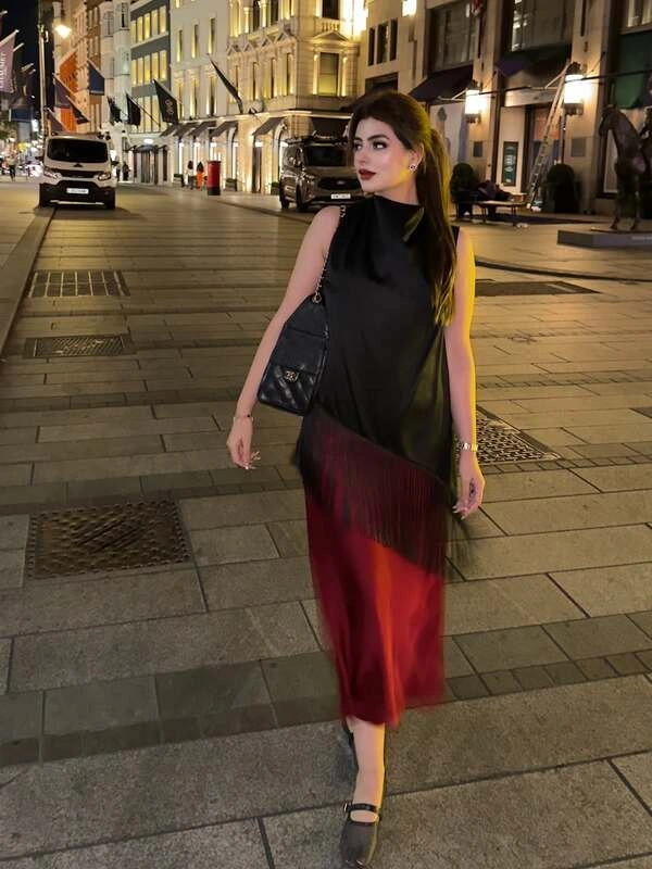 Black to Red Ombre Fringe Dress