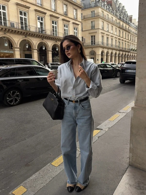 Striped Shirt and Wide-Leg Jeans