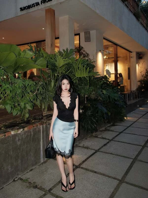 Black Lace Top and Satin Skirt