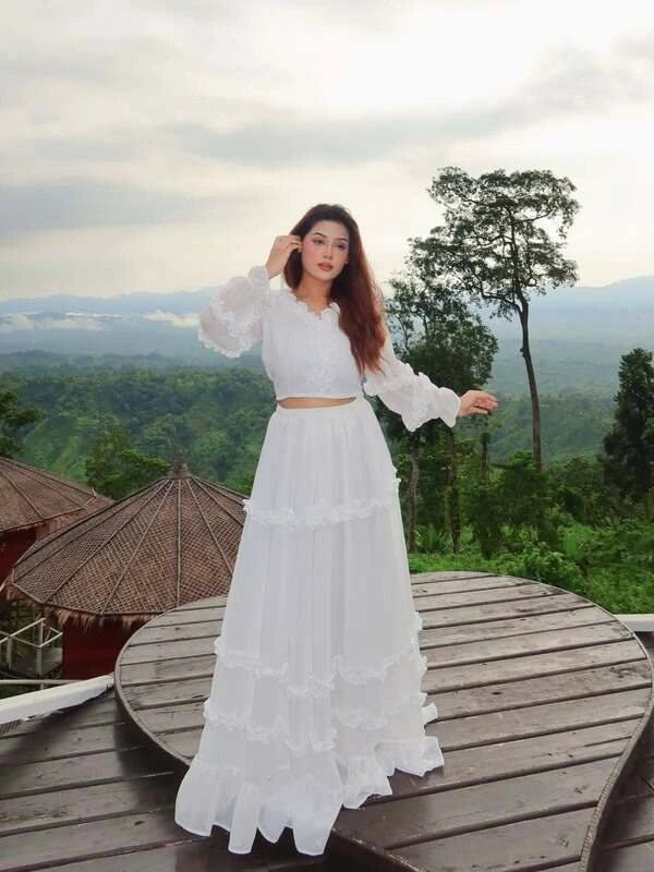 White Ruffle Tiered Maxi Skirt Set