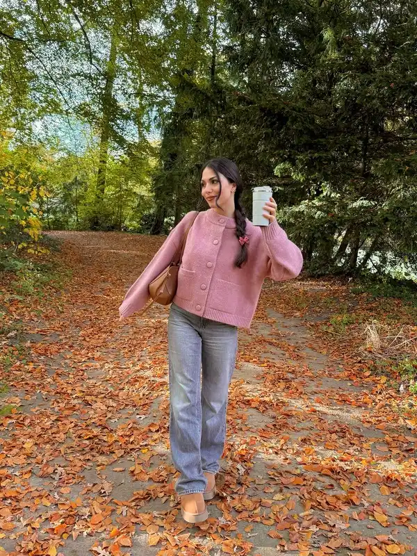 Pink Cardigan And Straight Leg Jeans