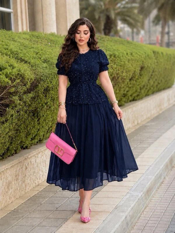 Navy Embellished Midi Dress