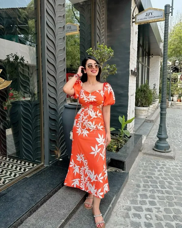 Orange Floral Cutout Dress
