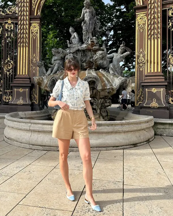 loral Blouse & Tan Shorts