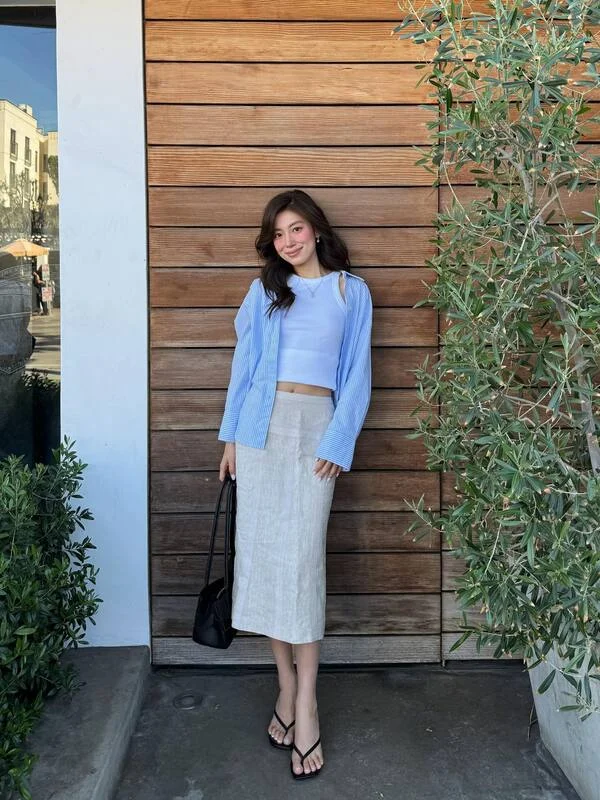 Blue Striped Shirt & Linen Skirt