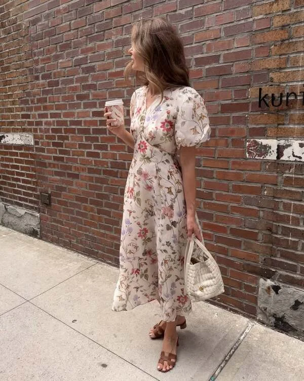 Floral Puff-Sleeve Midi Dress