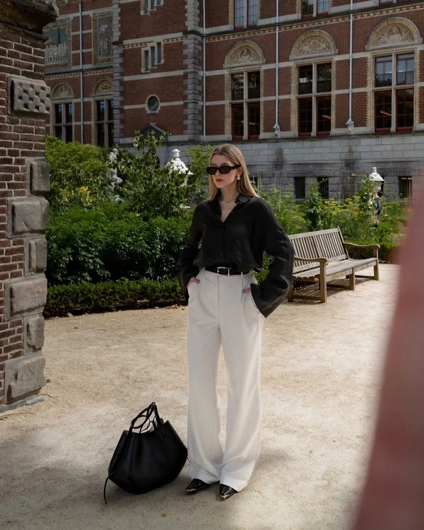Wide-Leg Trousers and Black Blouse