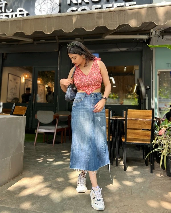 Red Floral Crop Top & Denim Maxi Skirt