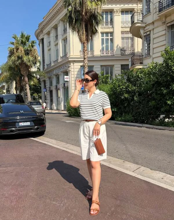 Striped Polo And White Bermuda Shorts