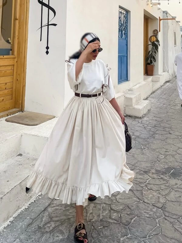 Cream Pleated Midi Skirt