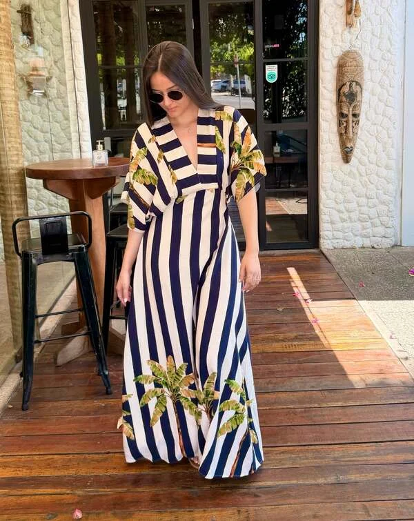 Striped Palm Print Maxi Dress
