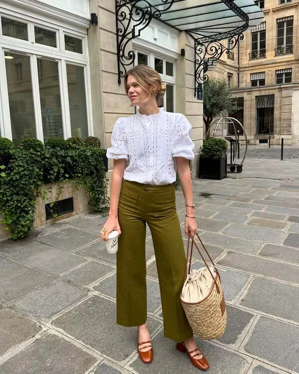Eyelet Blouse and Wide-Leg Trousers
