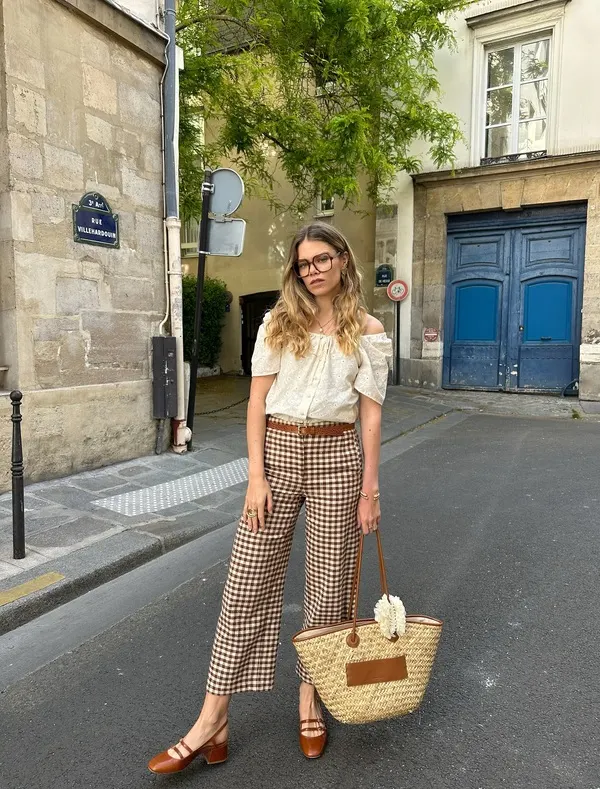 Gingham Trousers and a Straw Tote