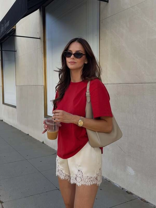 Red Tee and Lace Shorts