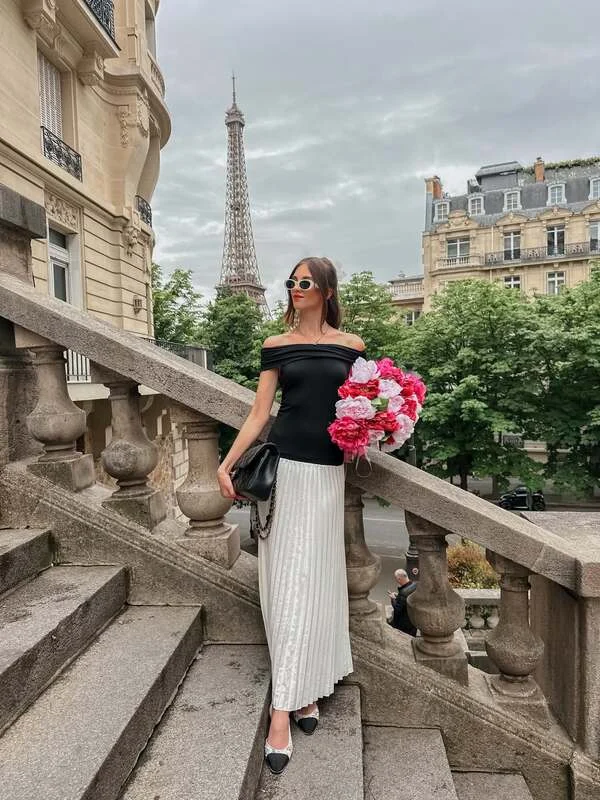 Off-Shoulder Top and Pleated Skirt