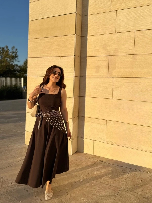 Brown Midi Dress with Polka Dot Scarf