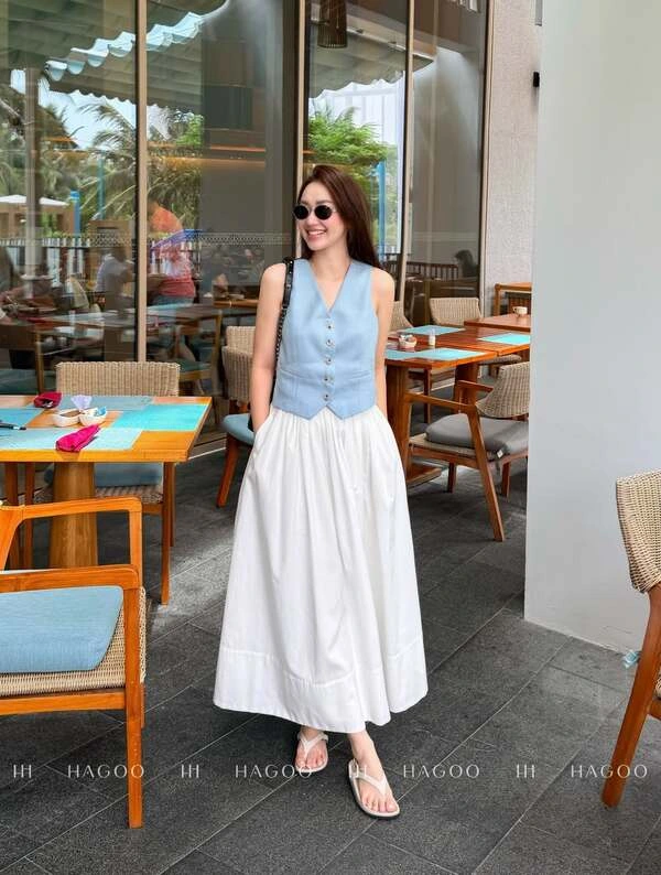 Blue Vest White Skirt