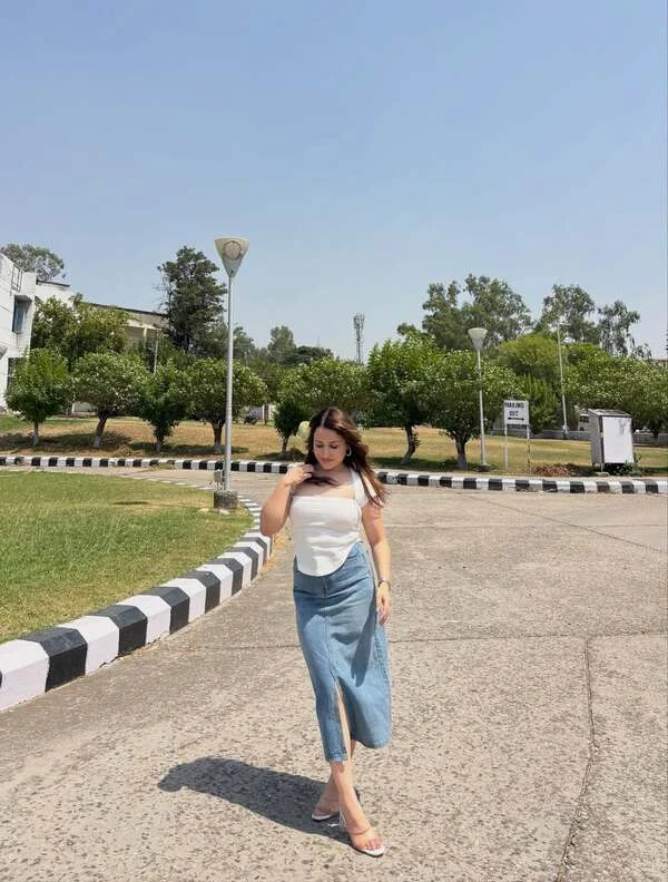 White Halter Top & Denim Midi Skirt
