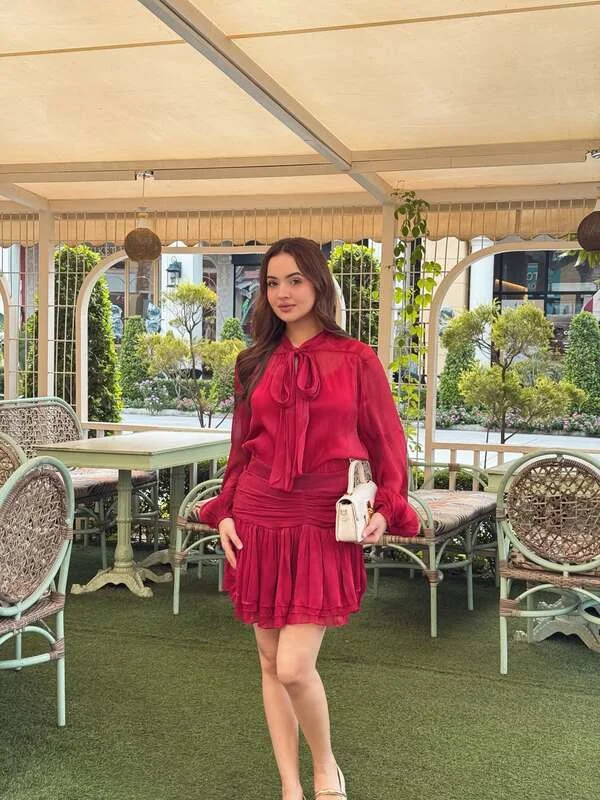 Red Tie-Neck Blouse & Skirt