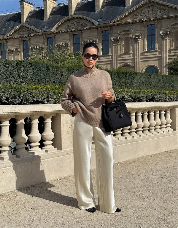Taupe Turtleneck And Satin Wide Leg Pants