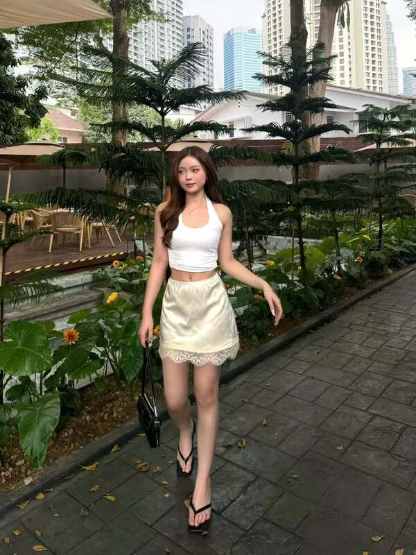 Cream Satin Lace Mini Skirt