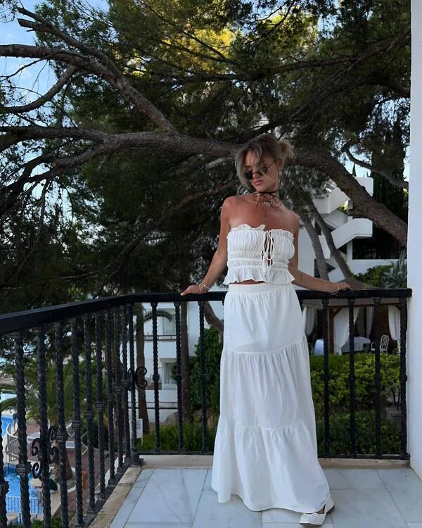 White Smocked Top and Tiered Maxi Skirt