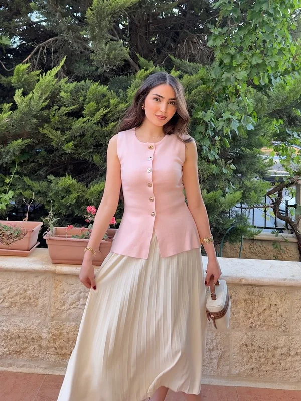 Pink Button-Front Top and Pleated Skirt