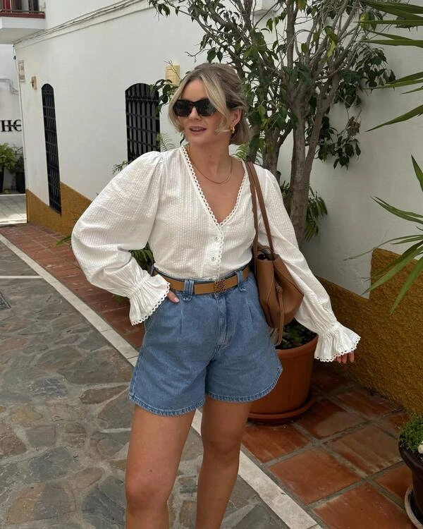 Eyelet Blouse and Denim Shorts