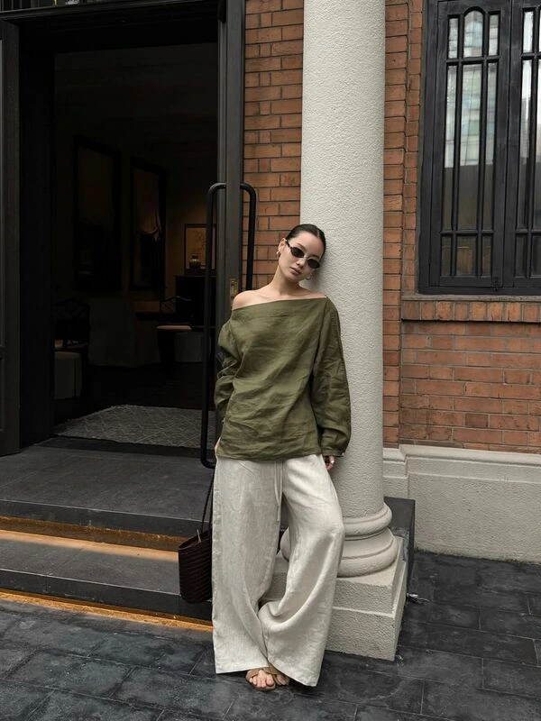 Off-Shoulder Linen Top & Wide-Leg Trousers