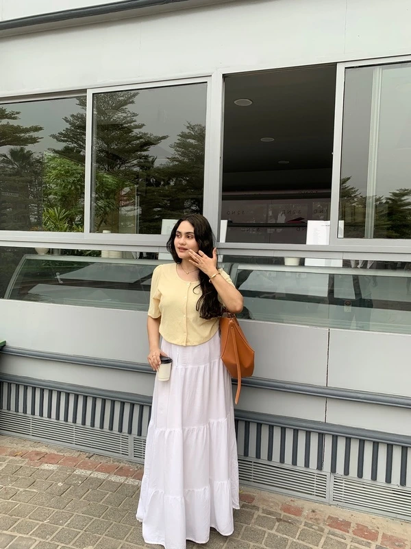 Yellow Cardigan Top and White Tiered Skirt