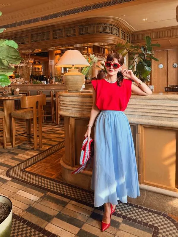 Red Top And Blue Maxi Skirt