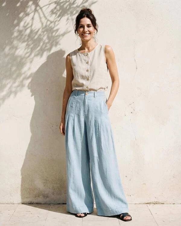 Pleated Wide-Leg Linen Trousers