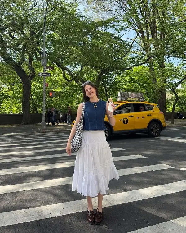Denim Vest White Midi Skirt