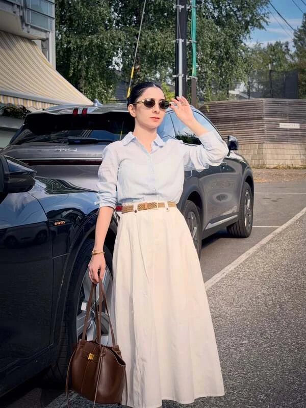 Striped Shirt and Midi Skirt